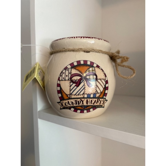 Other - Country Hearts Ceramic Jar Candle Farmhouse Decor Patchwork Heart Jute Twine NEW